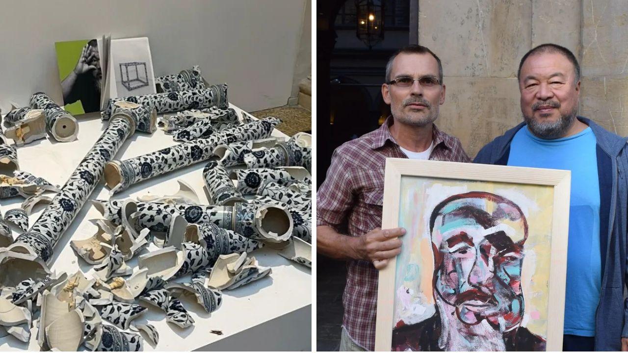 L’opera d’arte di Ai Weiwei mandata in frantumi e a destra Vaclav Pisvejc autore del danneggiamento