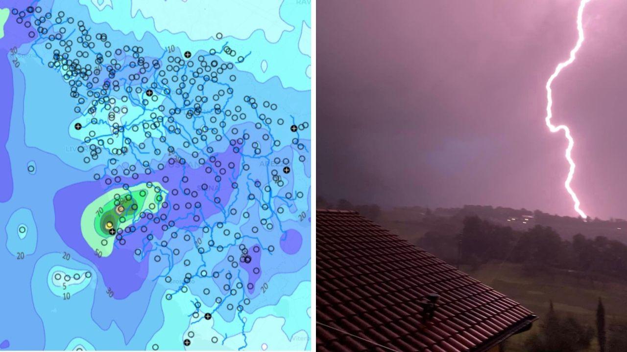 A sinistra la mappa che indica l'ondata di maltempo sulla costa centro meridionale della Toscana (Foto MeteoTrip)