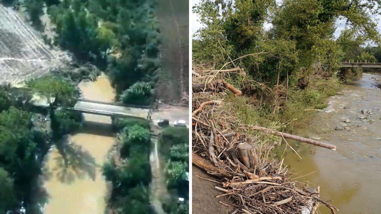 
	Il torrente Sterza visto dall'alto e i detriti che si sono accumulati con la piena

