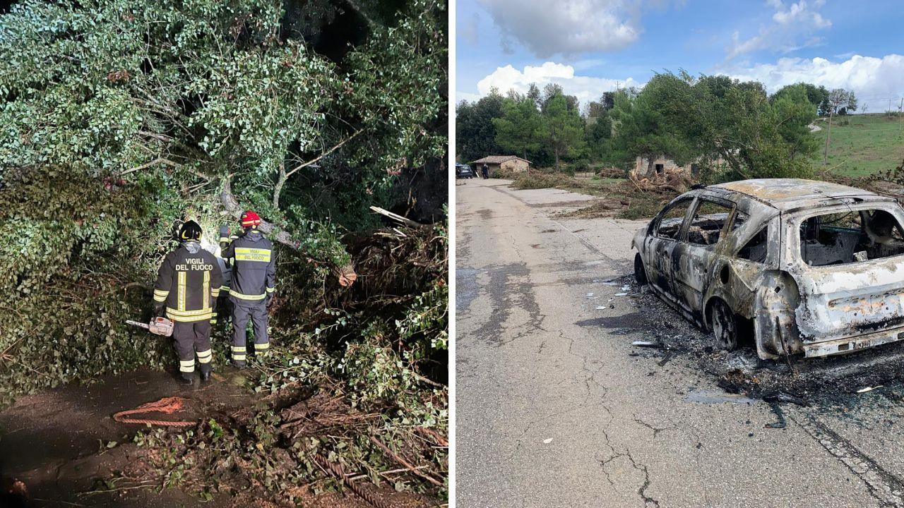 Sopra i vigili del fuoco l’altra sera, auto distrutta dalle fiamme