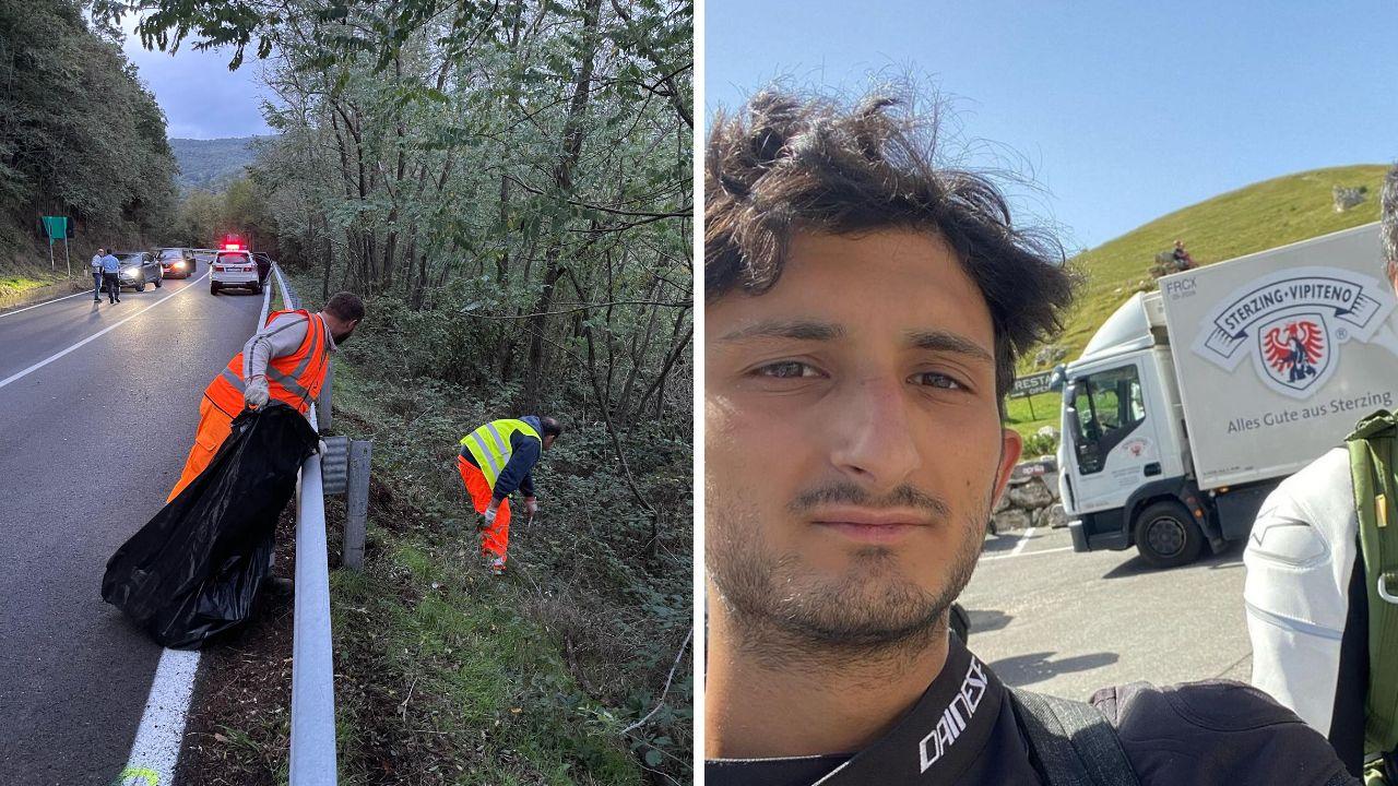 
	Il luogo dell'incidente e la raccolta dei rottami della moto, a destra la vittima


