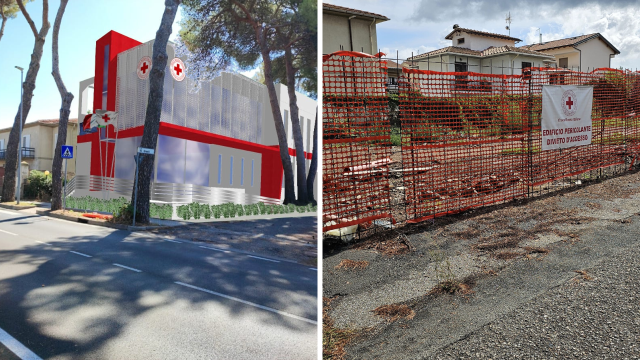 Il rendering dell’intervento per la nuova sede della Croce Rossa Italiana a Rosignano Solvay e a destra il cantiere