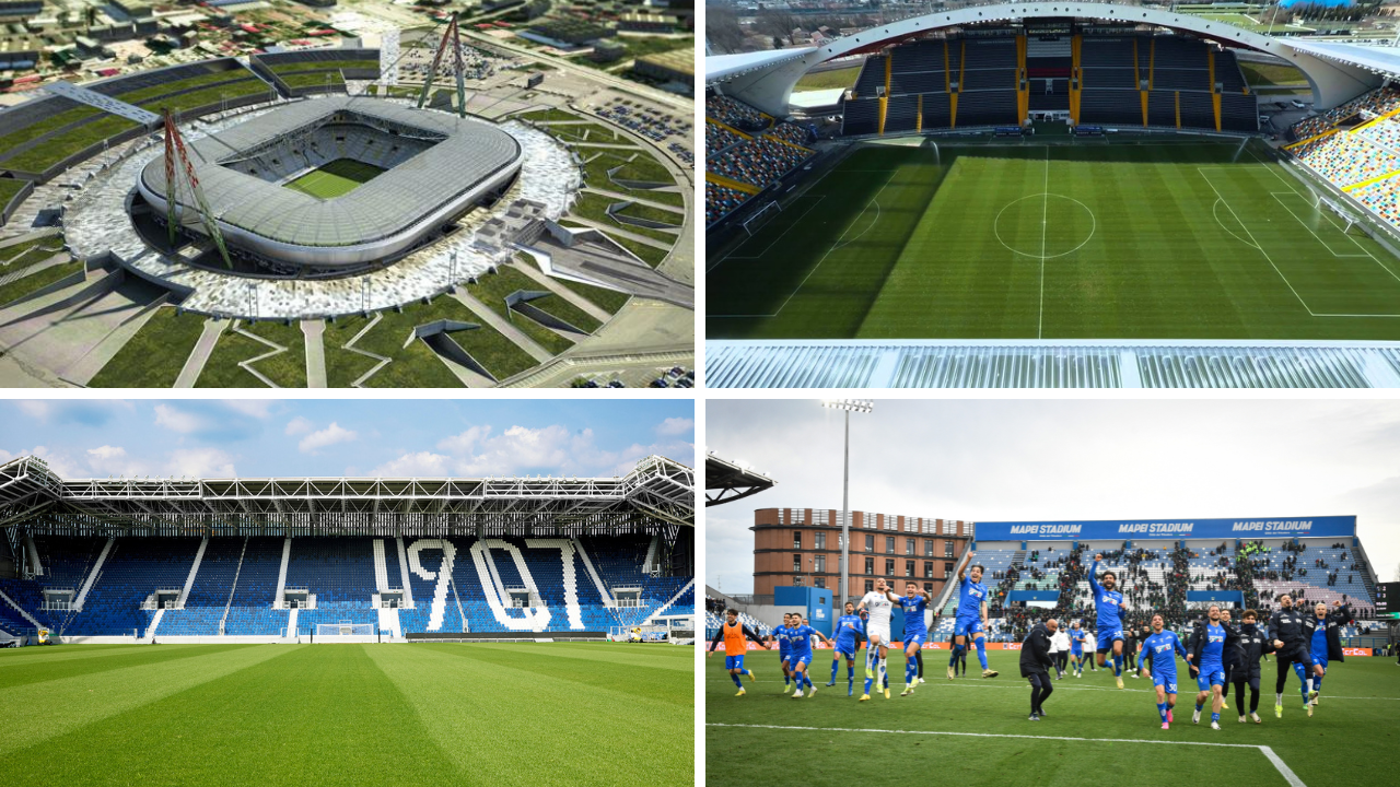 In senso orario, lo stadio della Juventus, quello dell’Udinese, lo stadio di Reggio Emilia e quello di Bergamo