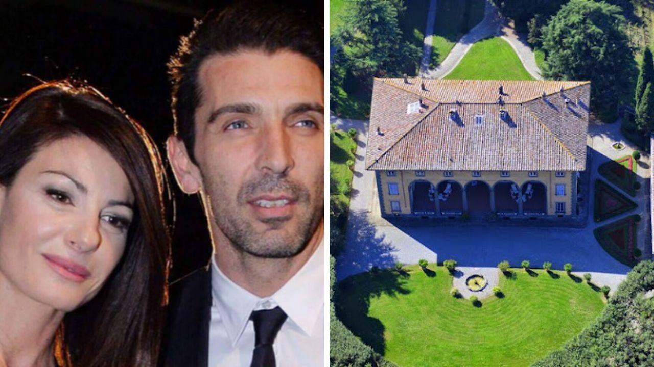 Ilaria D'Amico e Gigi Buffon; a destra la villa del matrimonio