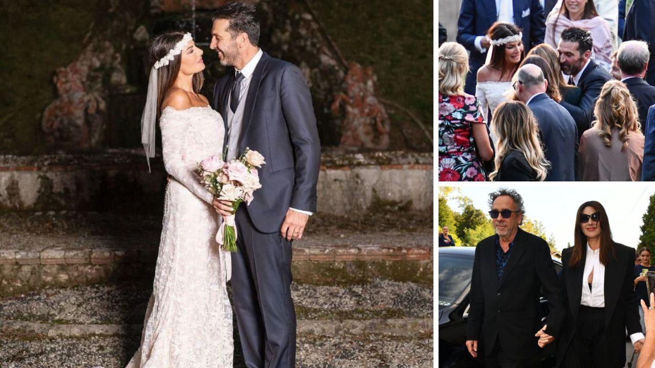 Ilaria D'Amico e Gigi Buffon in una foto condivisa sui social. A destra un altro scatto degli sposi e Monica Bellucci e Tim Burton (foto Sernacchioli)