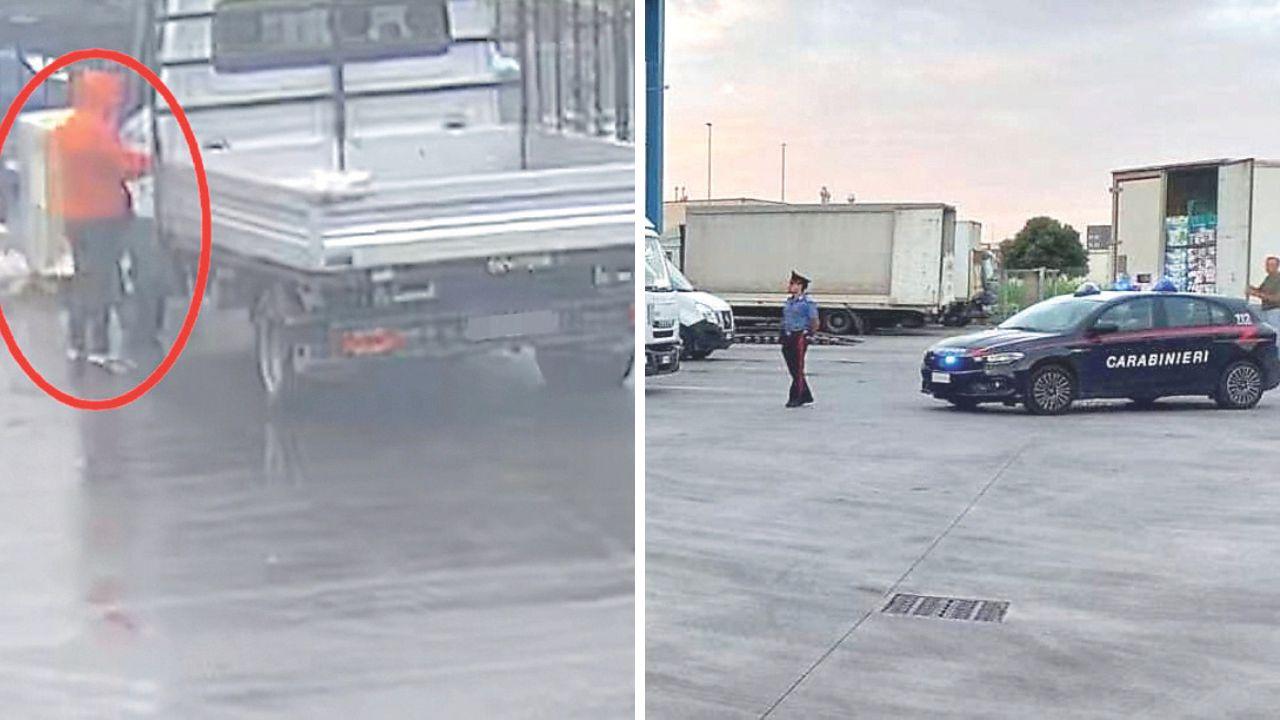 In alto a sinistra i ladri mentre rubano un furgone. A destra sopralluogo dei carabinieri in un deposito