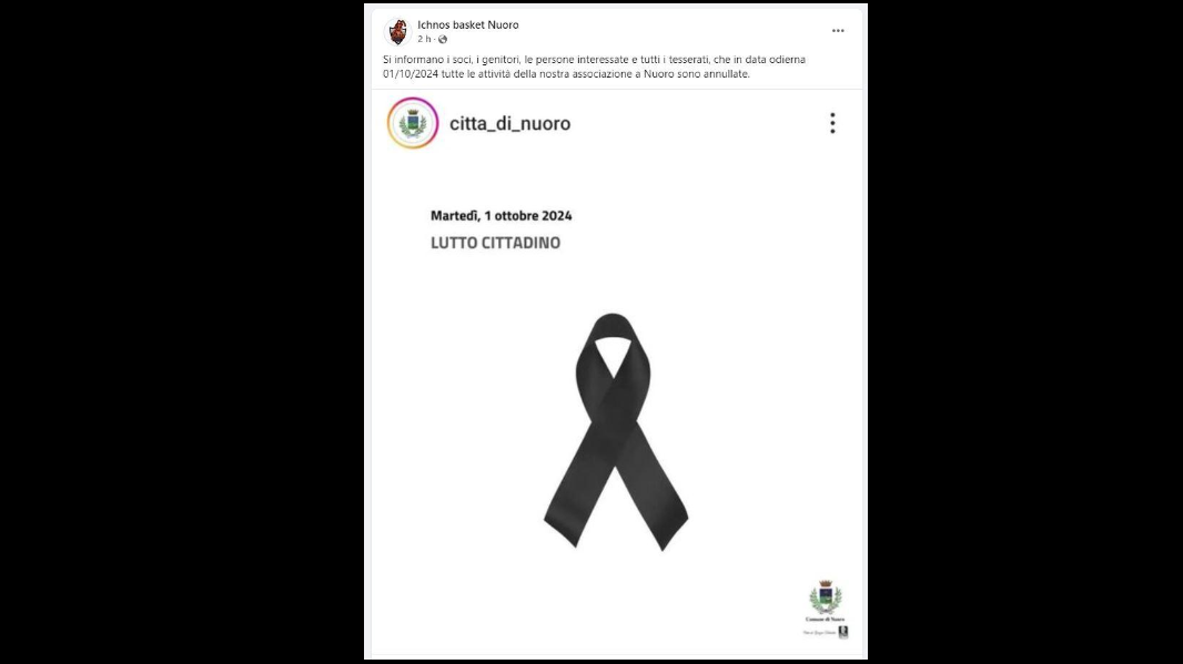 Lutto cittadino a Nuoro, annullati tutti gli allenamenti della squadra di pallacanestro