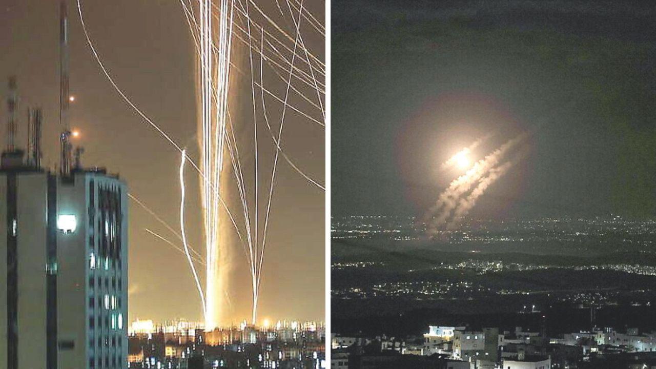 Un’immagine di Tel Aviv con l’Iron Dome in azione e l’arrivo dei missili iraniani; a destra una panoramica del conflitto