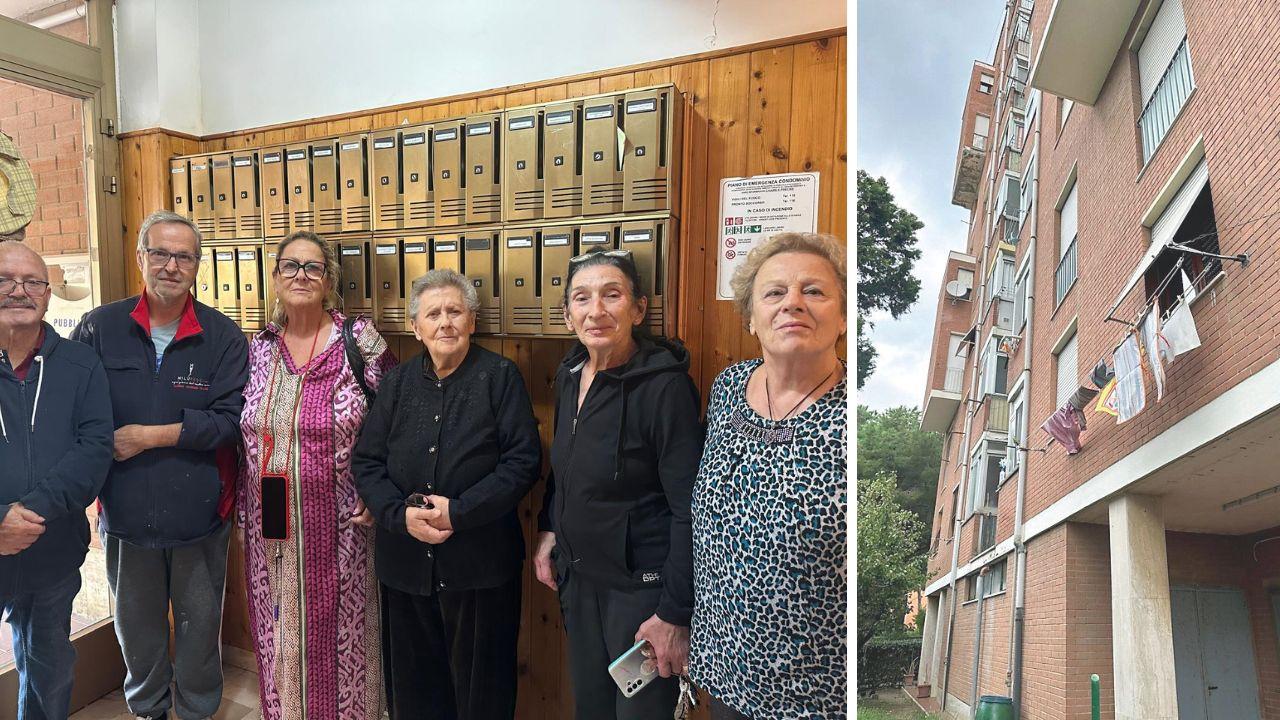 In alto a sinistra il palazzo di via Costanza, a destra alcuni degli inquilini che protestano