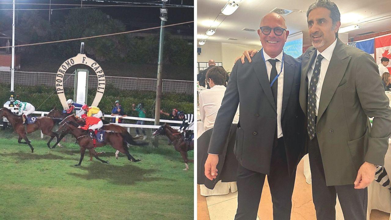 A destra Silvio Toriello e Faisal Al Rahmani al G7 dell’agricoltura A sinistra cavalli al galoppo al Caprilli