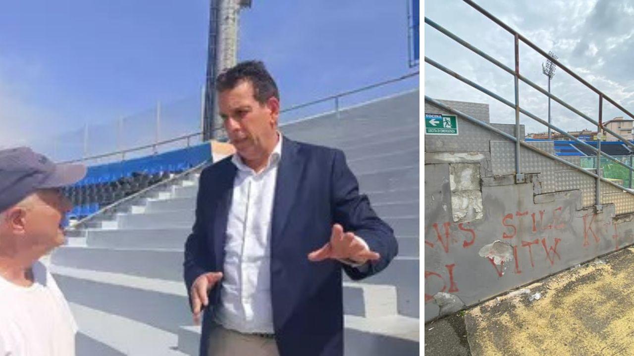 
	Latrofa sui gradoni dell&rsquo;Arena e, a destra, uno scorcio della curva Nord

