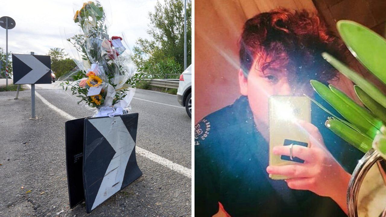 
	Un mazzo di fiori sul luogo della tragedia (foto Juri Autovino) e la vittima, Leonardo Gozzi

