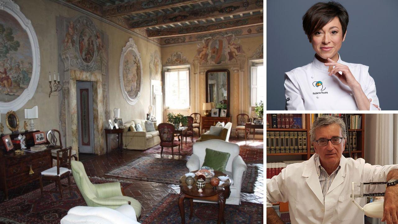 Il salone delle feste di Villa Gherardi del Testa e a destra Rubina Rovini e Ciro Vestita