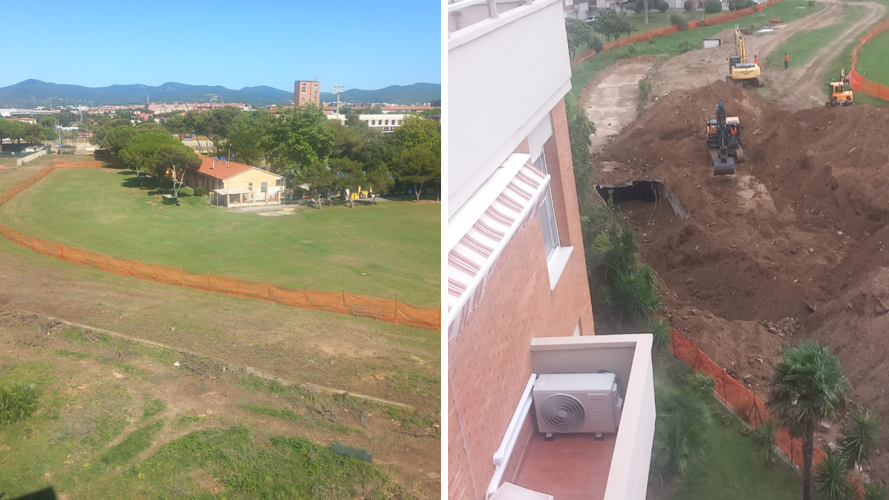 A sinistra il cantiere tra via dei Pensieri e via Montelungo nel giugno scorso a destra il cantiere mercoledì dopo il crollo della copertura del Rio Maggiore