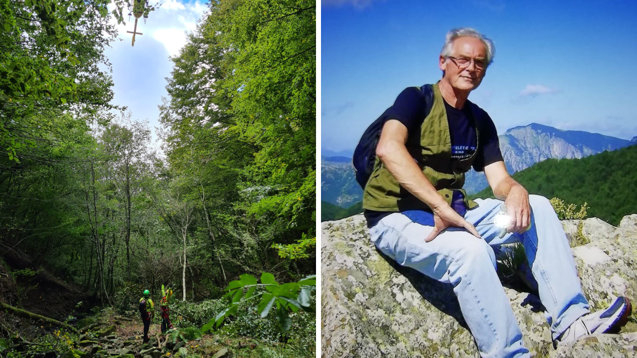 Il Soccorso alpino guardia di finanza Pegaso mentre porta via il corpo del pensionato morto a Prunett, nella foto a destra Fiorenzo Frosini