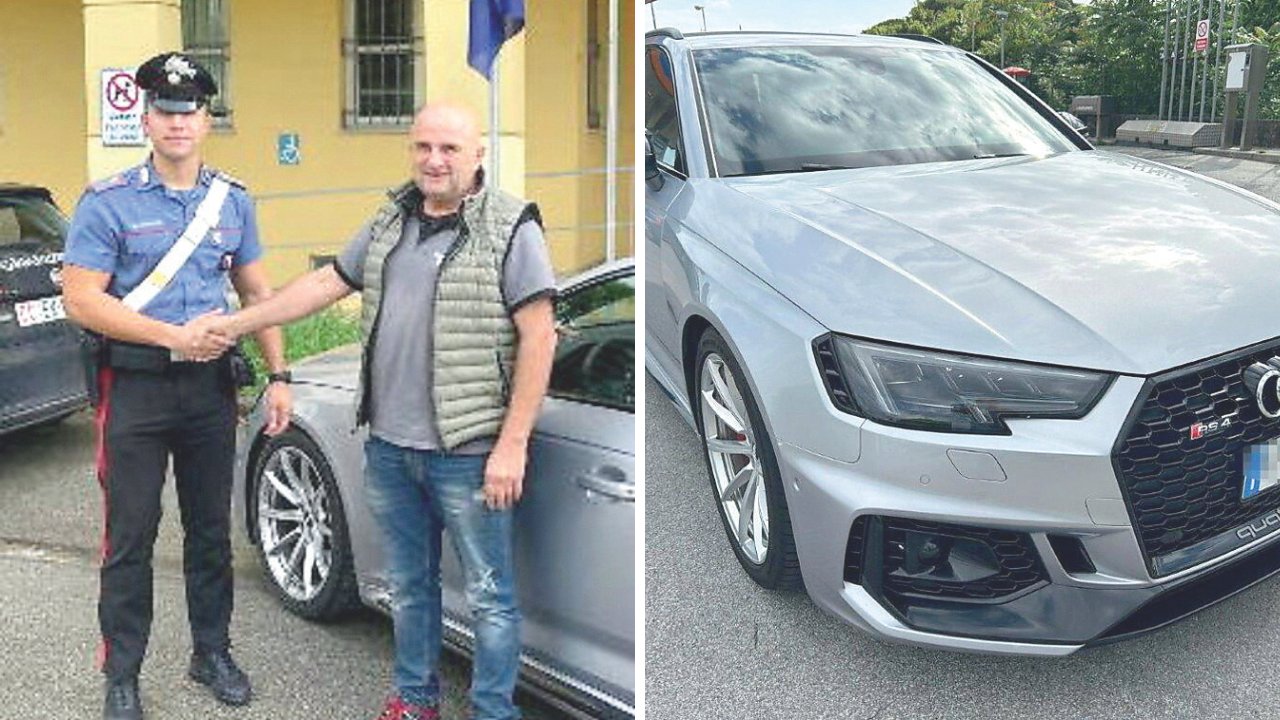 Antonio Di Mercurio ringrazia i carabinieri, nella foto a destra l’Audi rubata e ritrovata