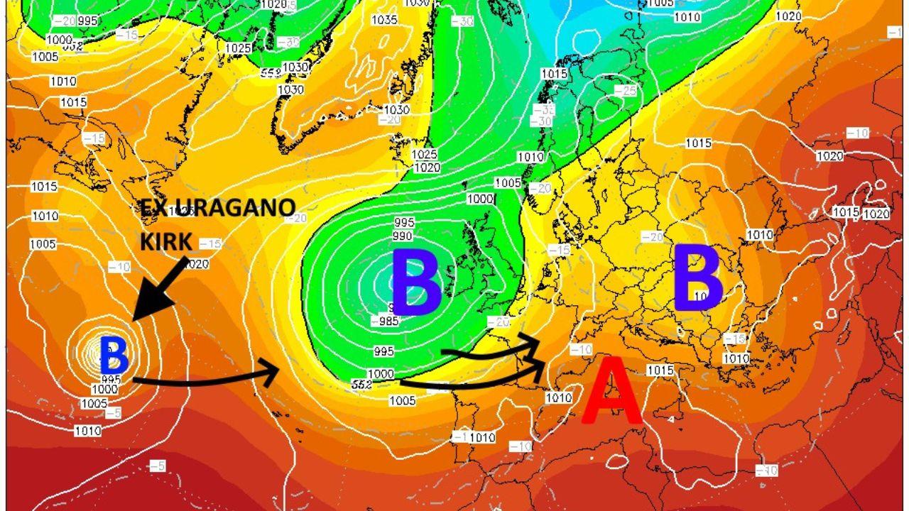 
	Sulla sinistra la bassa pressione che porter&agrave; la pioggia in Toscana (Foto: rielaborazione Cmt)

