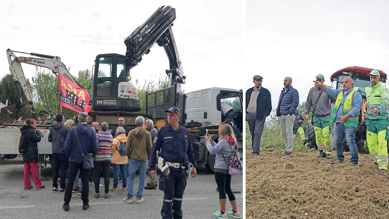 Un momento della protesta in via San Marino e l’avvio dei primi lavori (Foto di Franco Silvi)