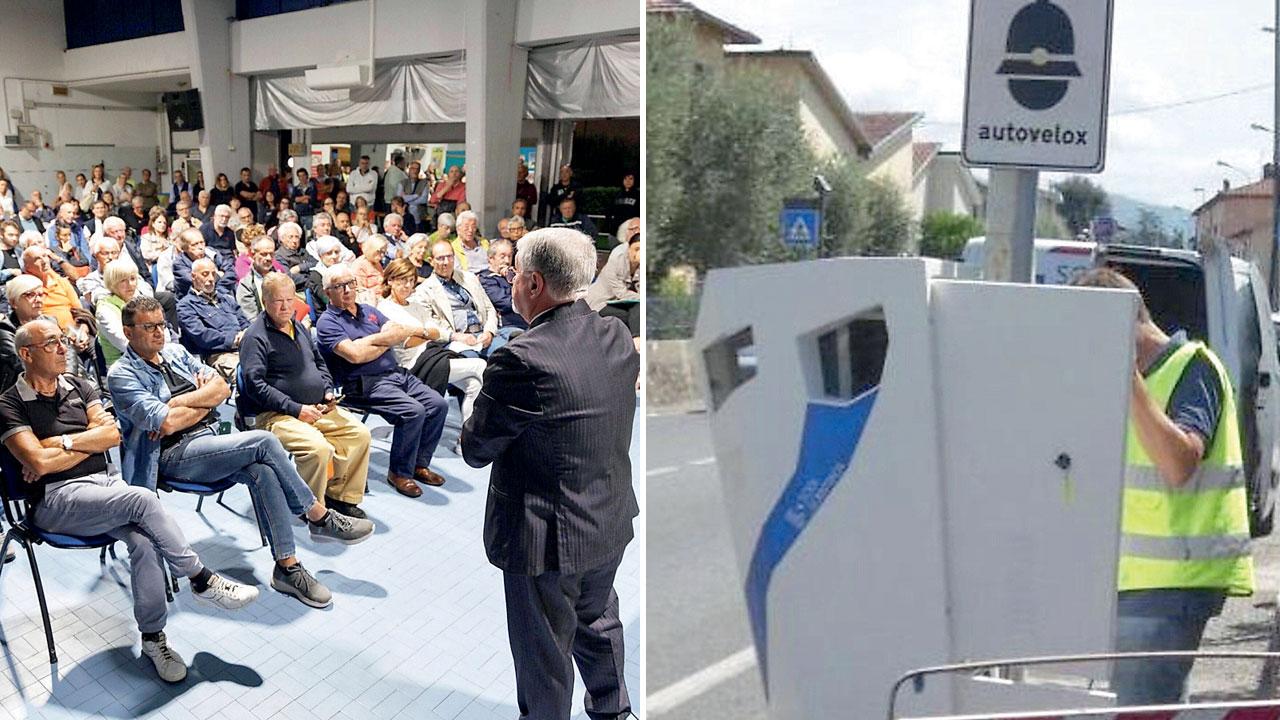 In alto il contestato autovelox di Pontenuovo e l’assemblea organizzata dall’Auser sulla questione multe poche  settimane fa