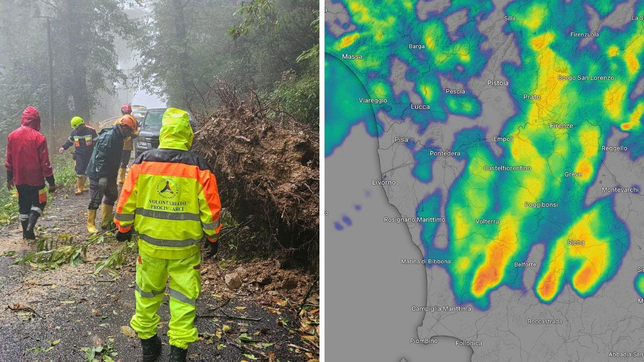 A sinistra la frana a Montignoso, a destra la situazione in tempo reale