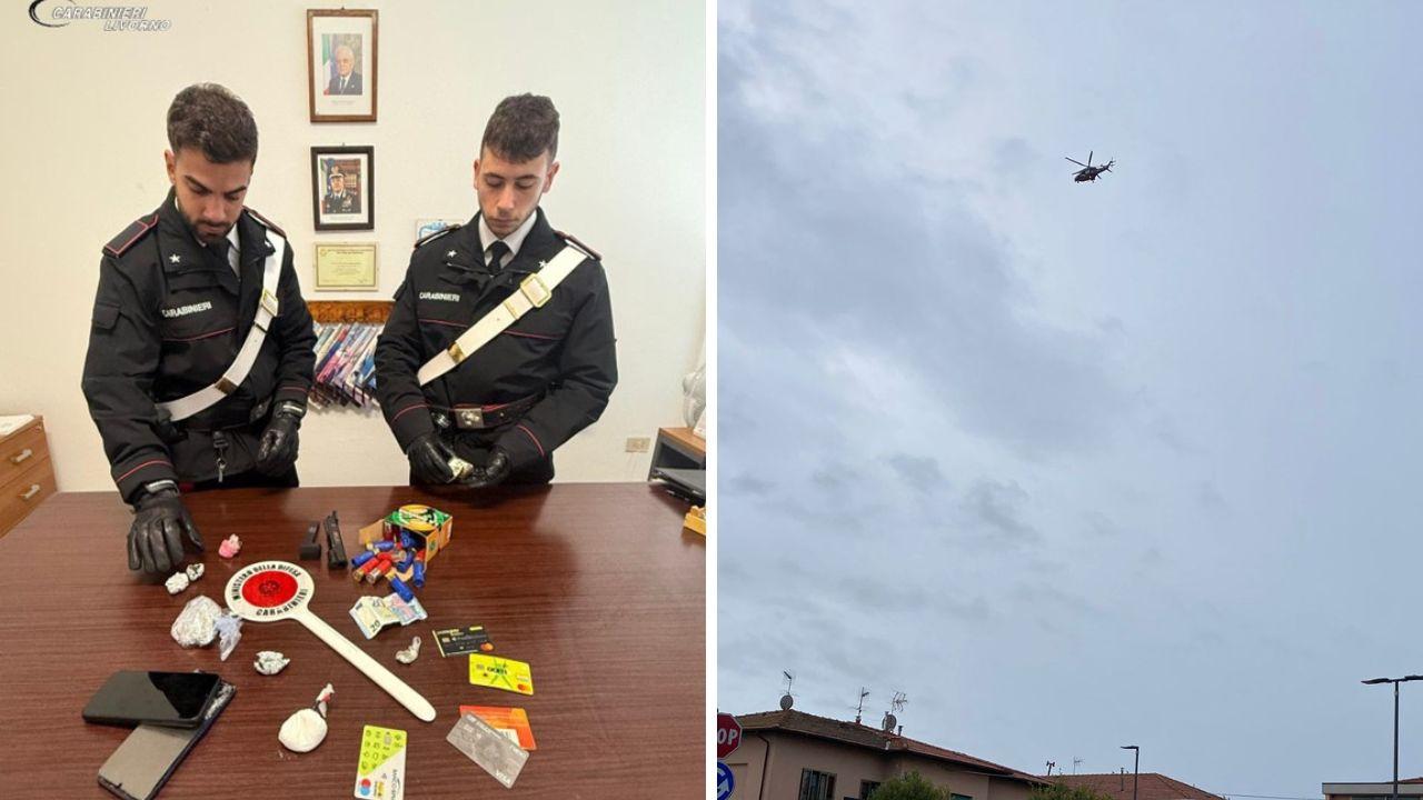 
	L'elicottero in volo e una foto diffusa dai carabinieri dopo i controlli

