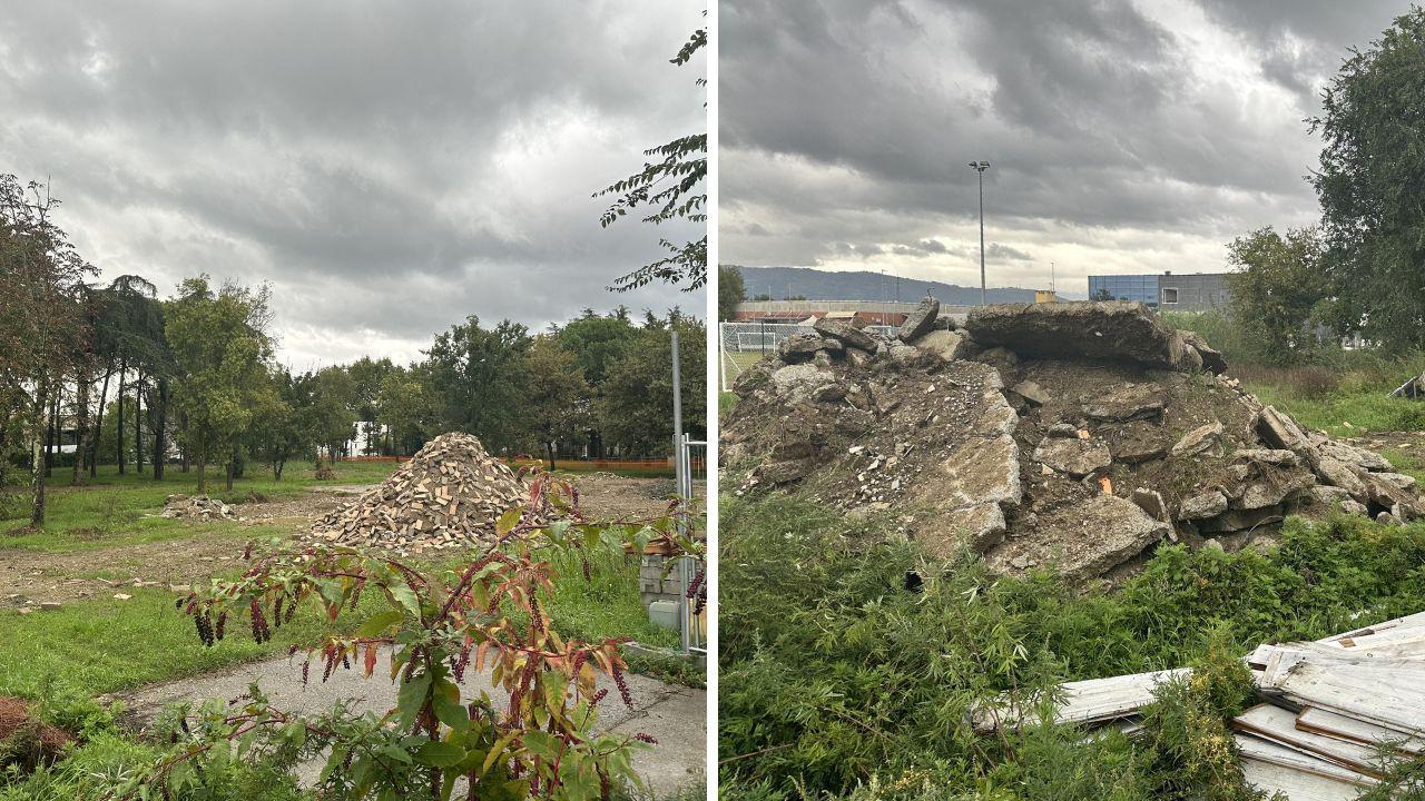 Due immagini del cantiere non ancora partito per la costruzione della nuova piscina a Iolo