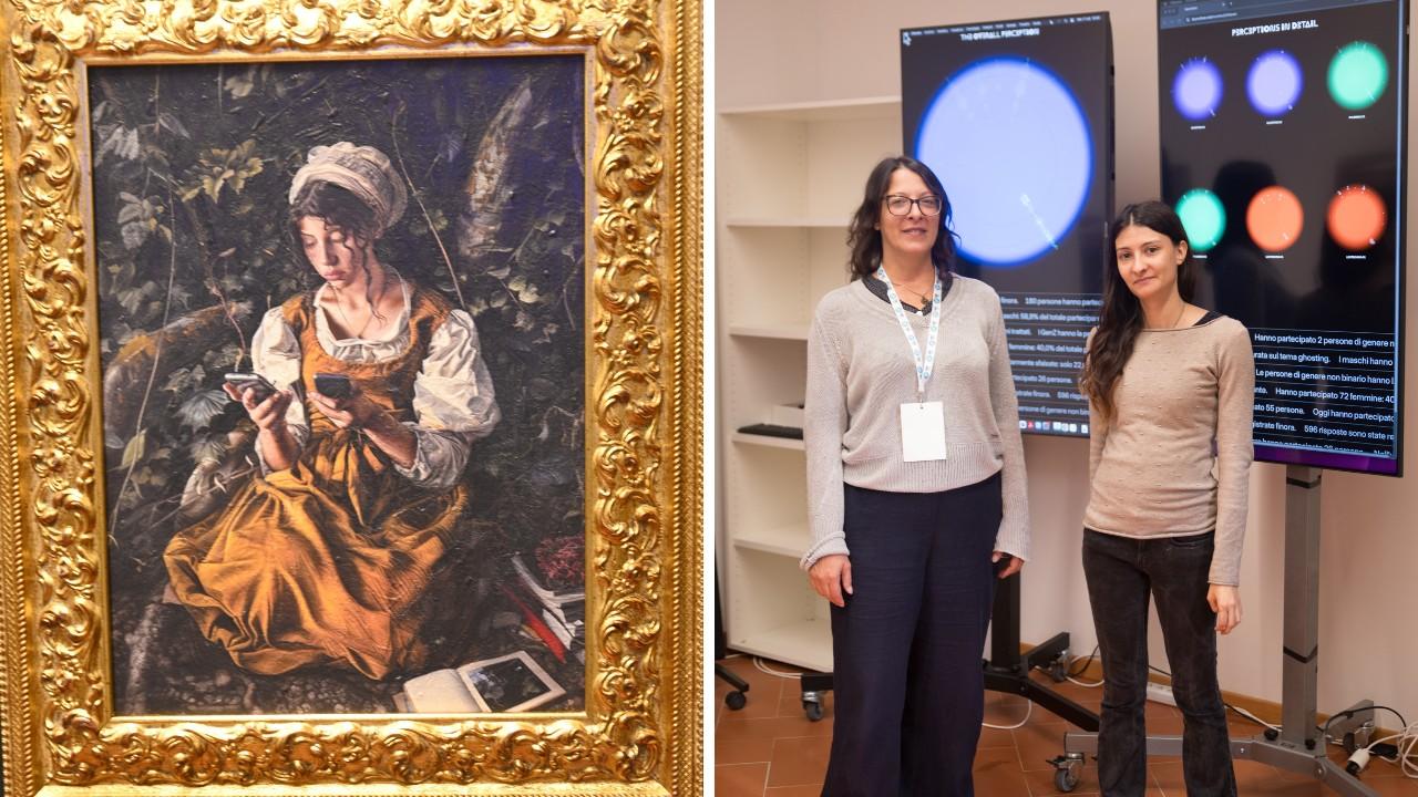Uno dei quadri dell'installazione e le due ricercatrici Sonia Cerrai e Silvia Biagioni