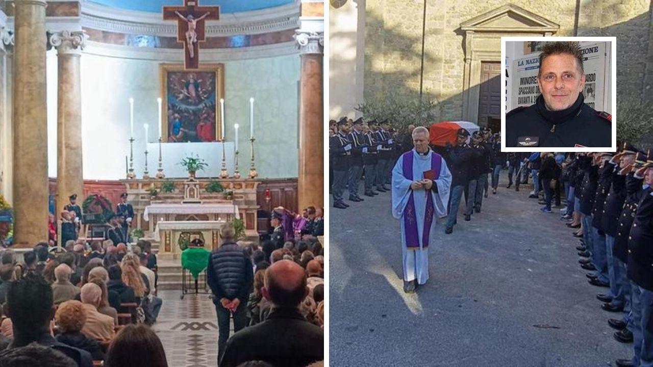 Due momenti del funerale e nel riquadro il poliziotto morto