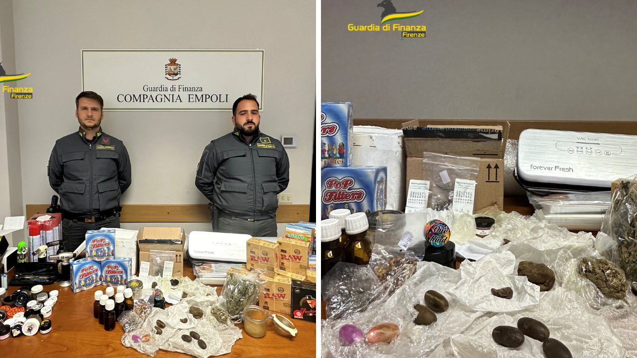 Le sostanze, gli strumenti e le attrezzature rinvenute nella casa di Montelupo, a destra una parte delle sostanze stupefacenti sequestrata dai finanzieri al 29enne