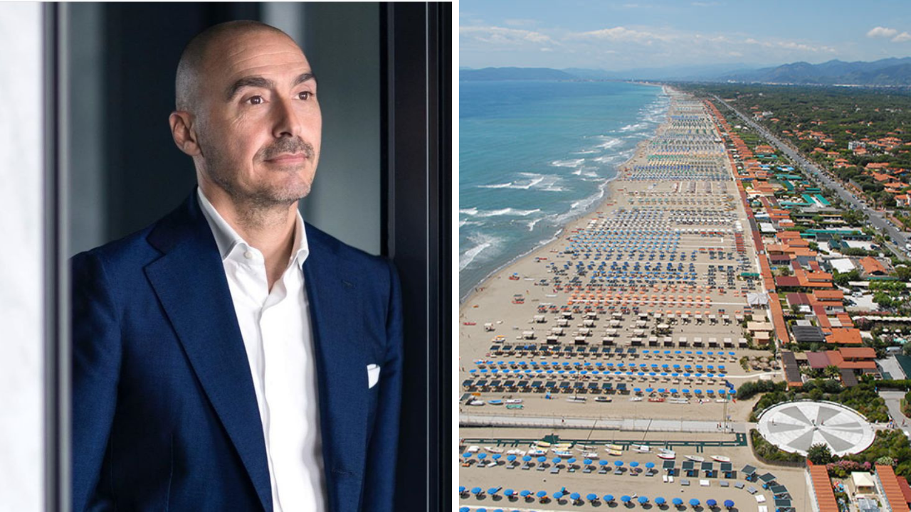 Salvatore Madonna proprietario e ceo del Gruppo Soft Living Places e una veduta della spiaggia di Forte dei Marmi