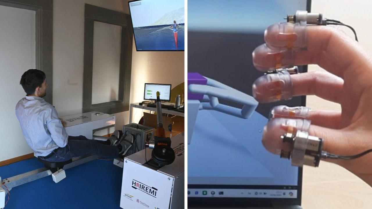 
	Il vogatore Hairemi e il guanto aptico: entrambi funzionano in un ambiente di realt&agrave; virtuale

