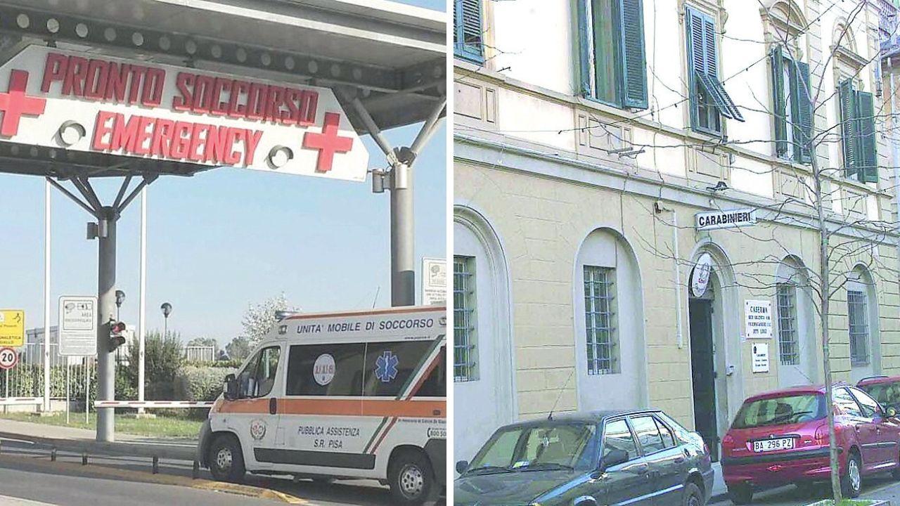 L'ngresso del pronto soccorso di Cisanello e la sede della compagnia dei carabinieri di Pontedera che stanno indagando su quanto avvenuto
