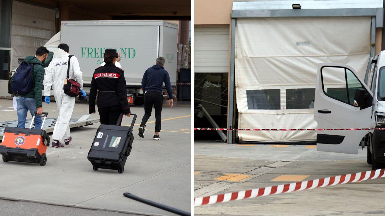 I danni provocati allo stabilimento e i carabinieri durante i rilievi nel calzaturificio (Foto Franco Silvi)