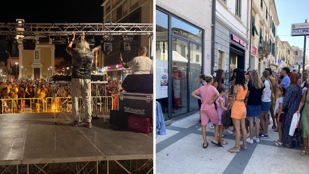 A destra una passata edizione dello Sbaracco, a sinistra dj Marco Bresciani in piazza a Cecina