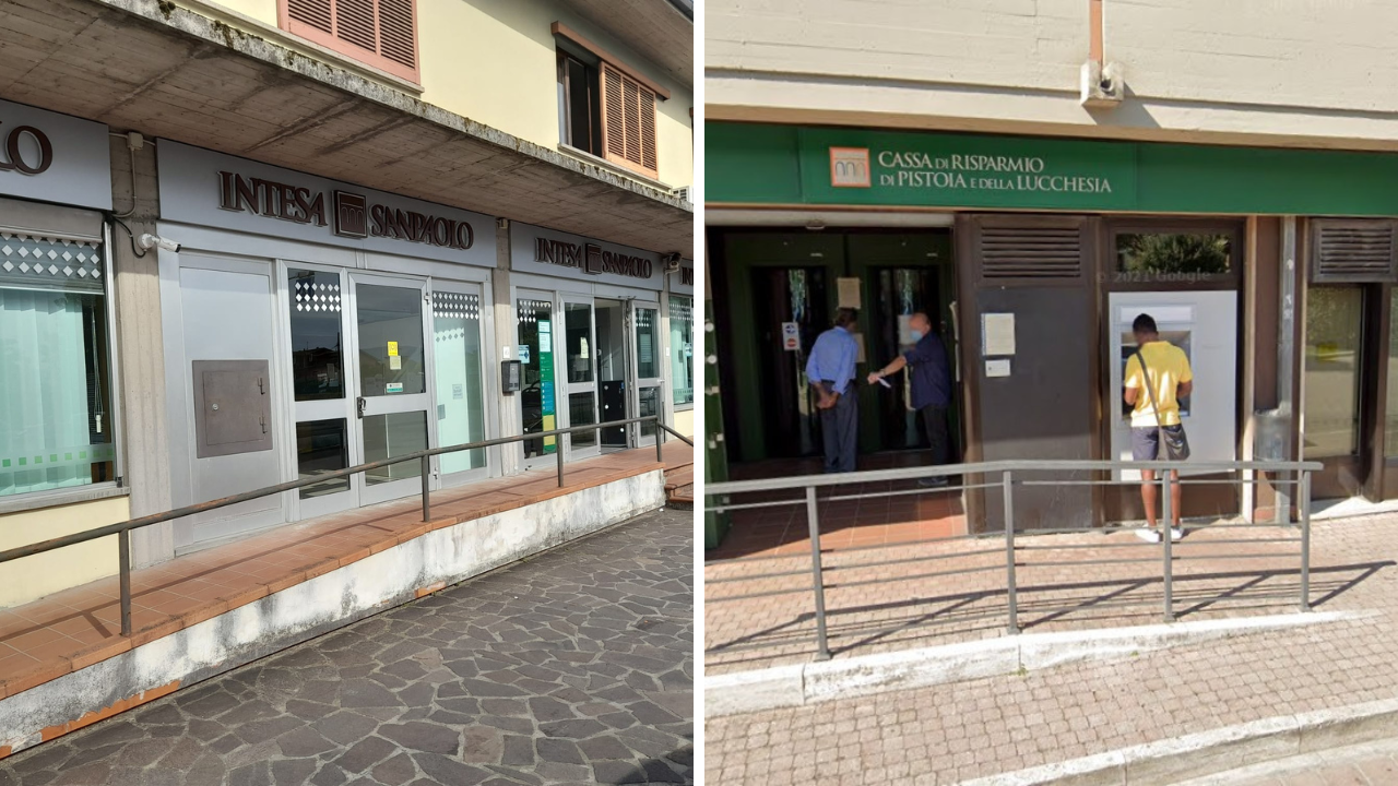 Le ormai ex filiali di Intesa Sanpaolo di Ponte Buggianese (a sinistra) e Pieve a Nievole