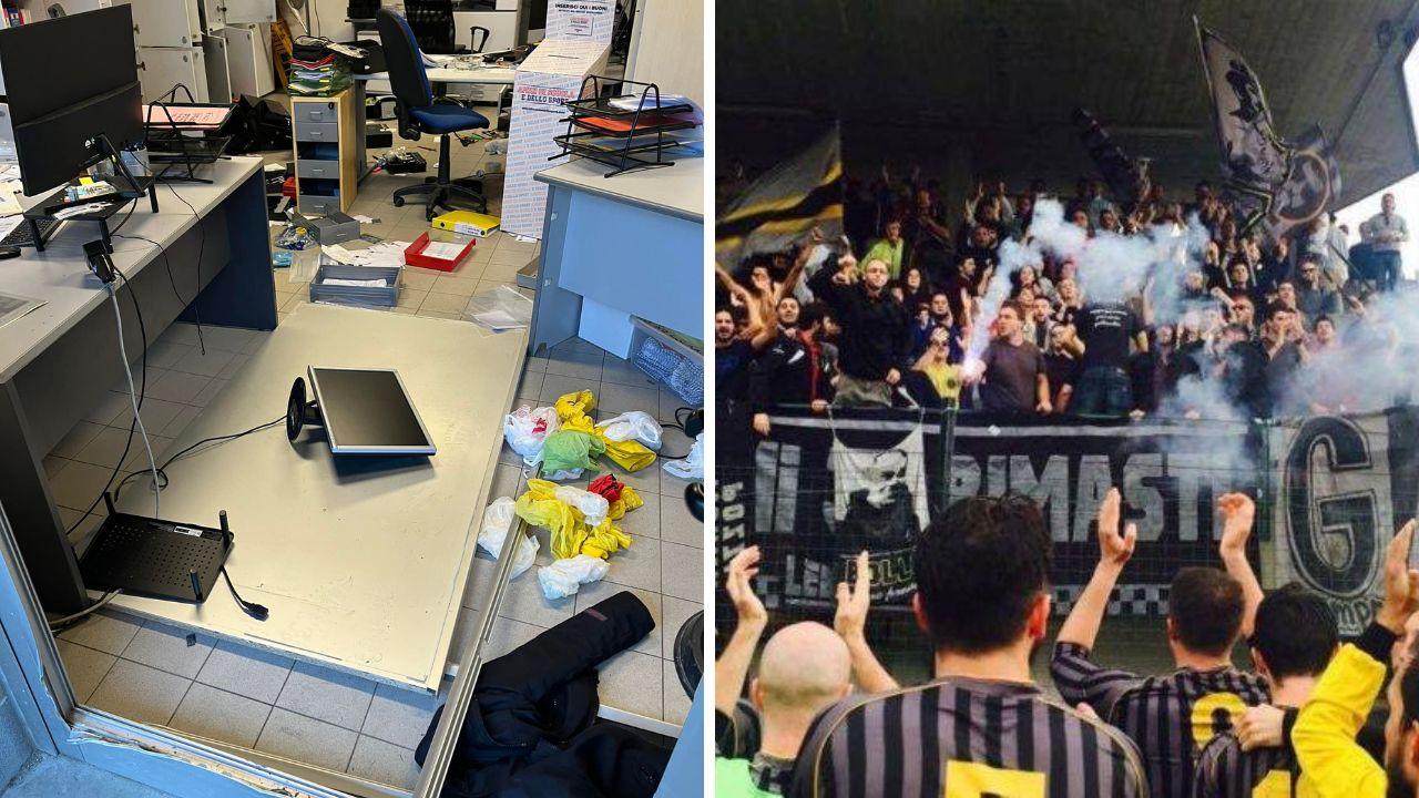 
	A sinistra gli uffici devastati dai ladri a destra i tifosi del Lebowski (Foto Fb: Centro Storico Lebowski)

