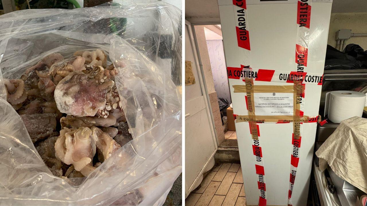I prodotti ittici sequestrati e il frigo con i nastri