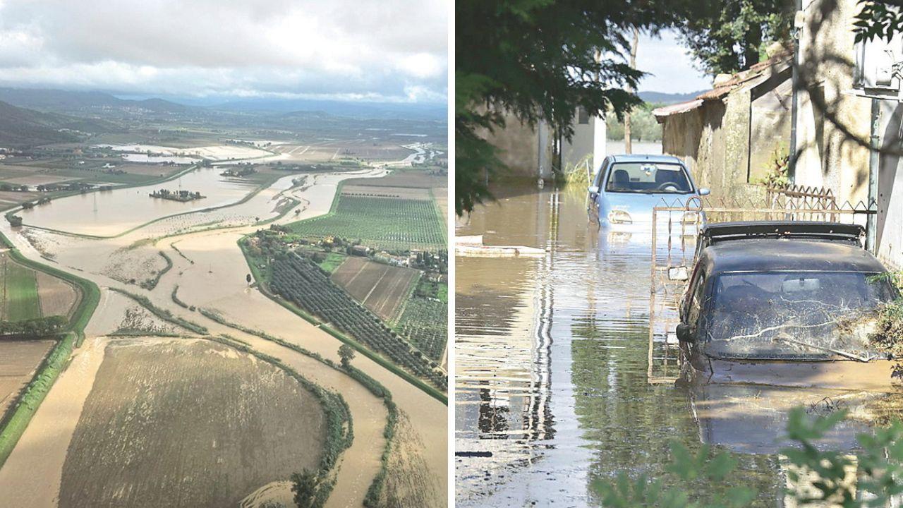 La zona della Val di Cornia (foto vigili del fuoco); due immagini dell’esondazione (Foto Pabar)