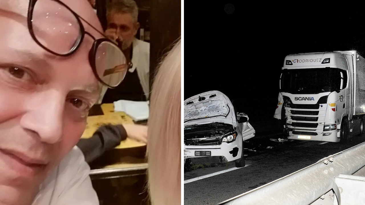 Roberto Mariani ed a destra l’auto e il tir (foto Giancarlo Grassi)