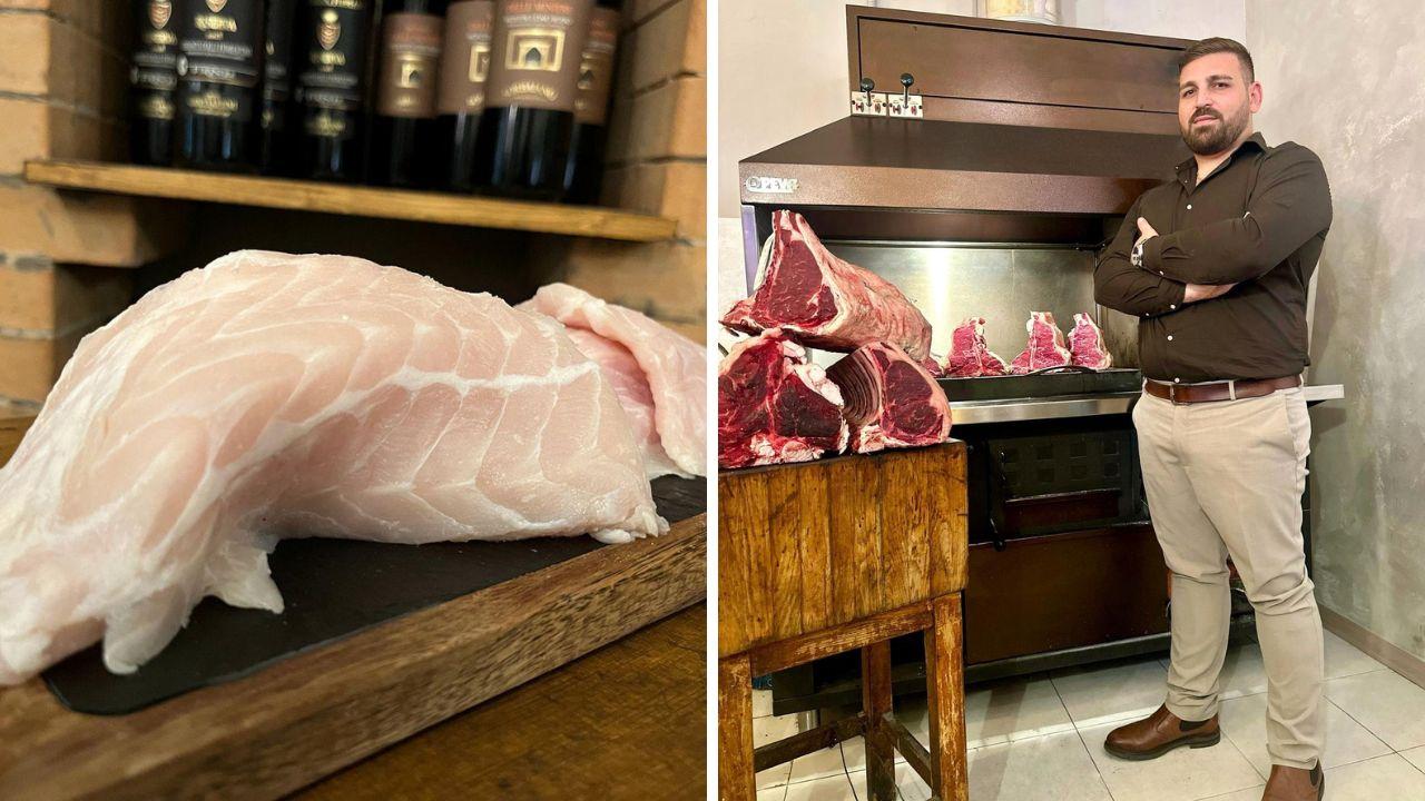Carne di coccodrillo nella cucina del locale; sopra Matteo De Robertis con una sfilata di Chianina e toro spagnolo
