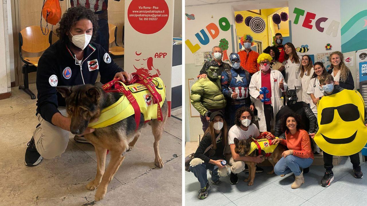 Marco Chimenti e Marley e Marley con Carlotta Nelli e Marco Chimenti durante la visita nel reparto di Pediatria dell’ospedale Santa Chiara di Pisa