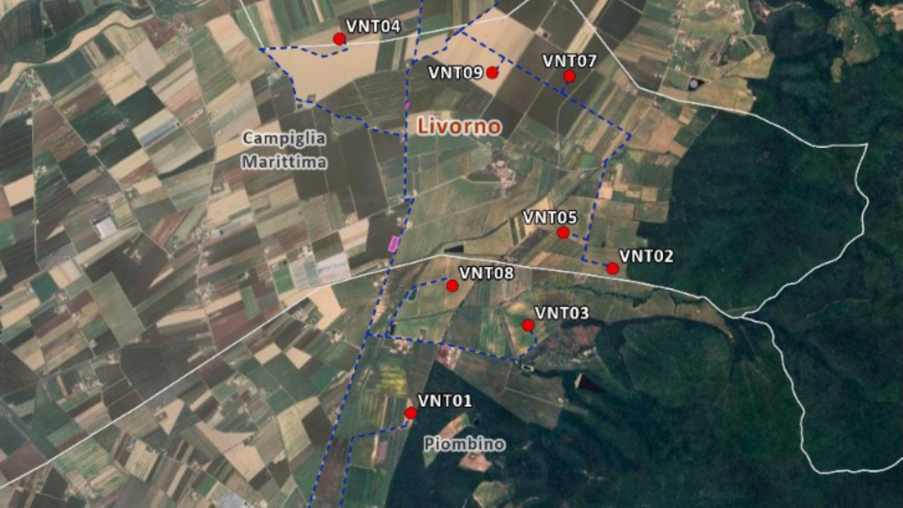 Nella carta i punti rossi evidenziano le posizioni dove il progetto prevede di installare gli aerogeneratori del Wind farm Venturina