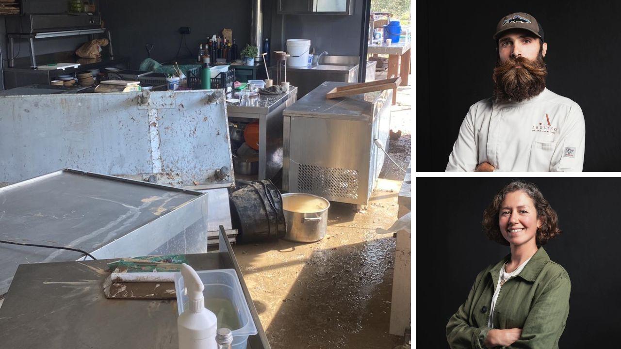 La cucina invasa dal fango, a destra Fabrizio Bartoli e Martina Morelli