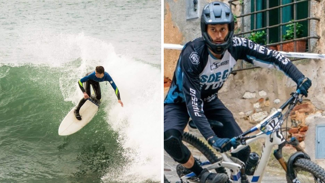 Dario Polidori con la sua mountain bike e a sinistra mentre fa surf