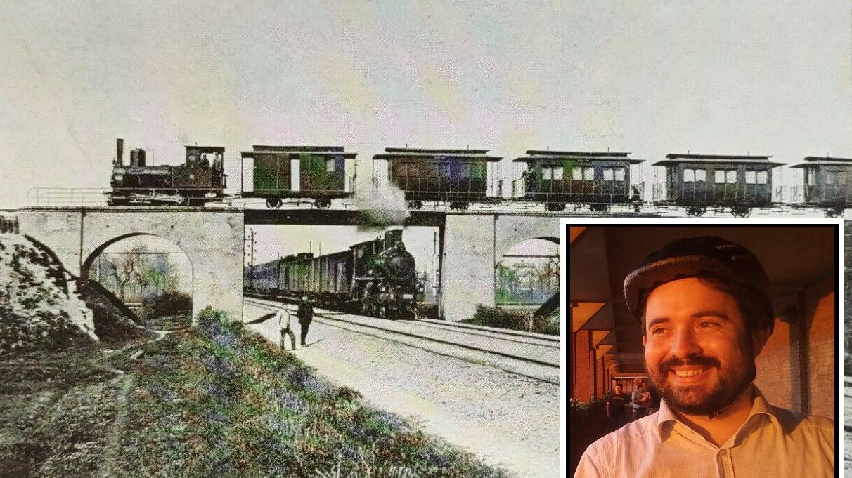 La dismessa ferrovia Modena-Mirandola che scavalcava la Bologna-Milano e nel riquadro Claudio Borsari
