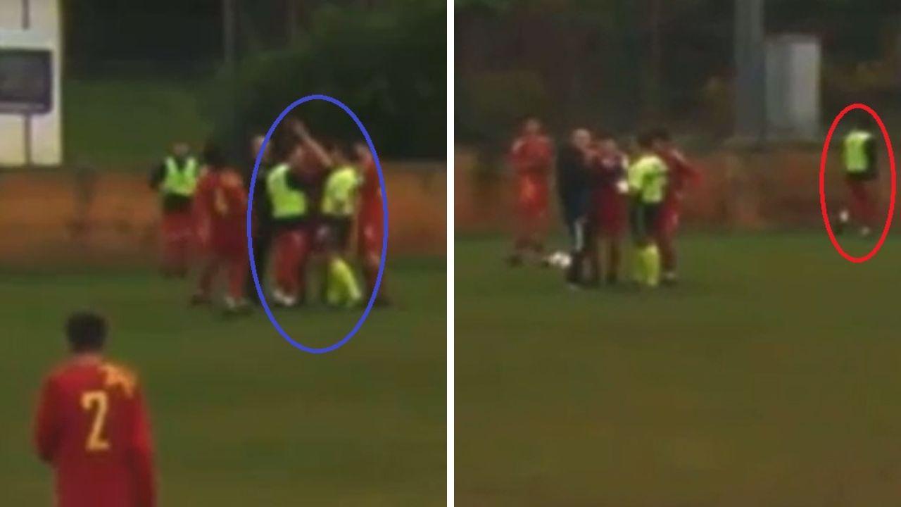 A sinistra il contatto fra giocatore e arbitro A destra il giocatore diretto agli spogliatoi con il direttore di gara ancora ad arbitrare