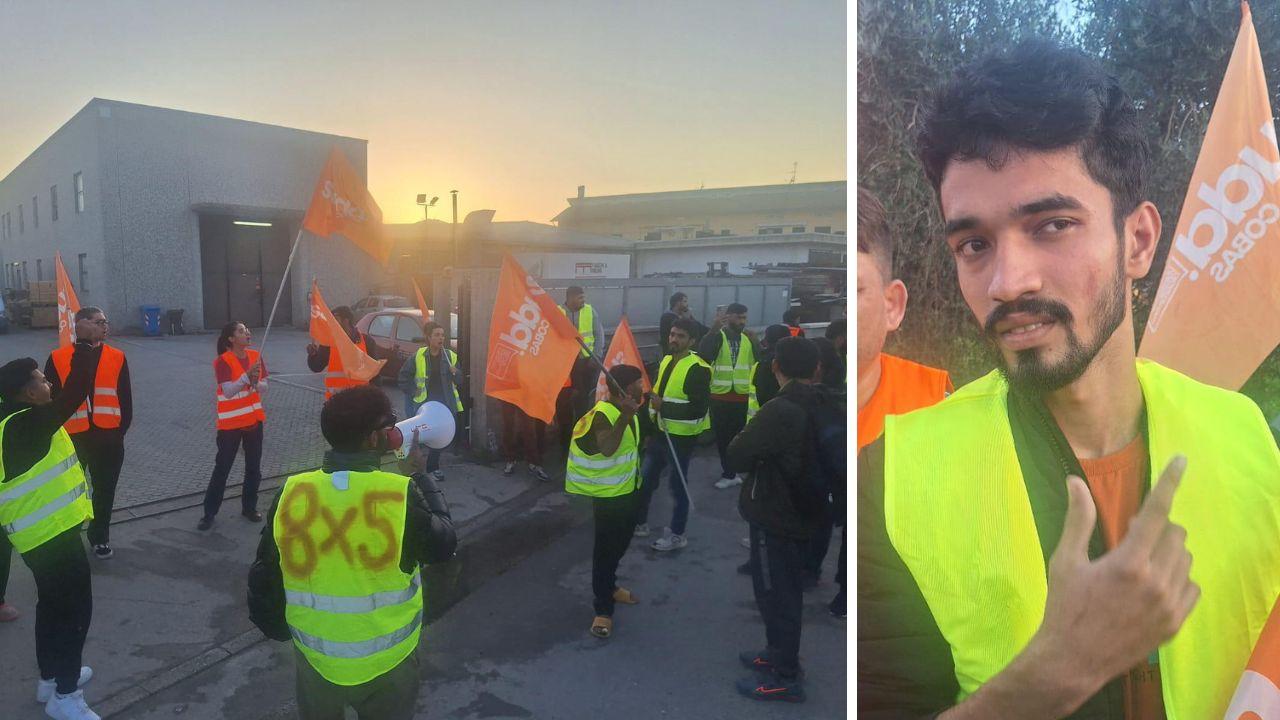 Il presidio davanti alla fabbrica, a destra Tahla Muhammad il 22enne che ha denunciato l’aggressione
