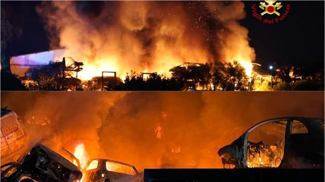 Carbonia, a fuoco un deposito di auto da demolire: bruciate 80 macchine