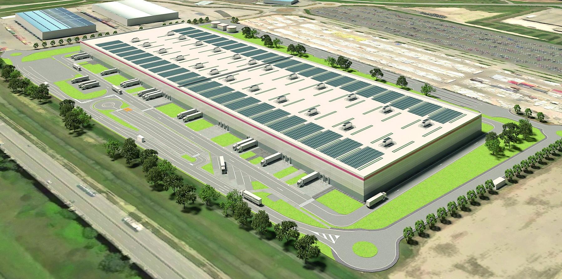 In alto il rendering della struttura prevista nella zona di Guasticce che, secondo le intenzioni, avrebbe dovuto rivoluzionare il trasporto e lo smistamento dei farmaci servendo tutta l’area del centro Italia
