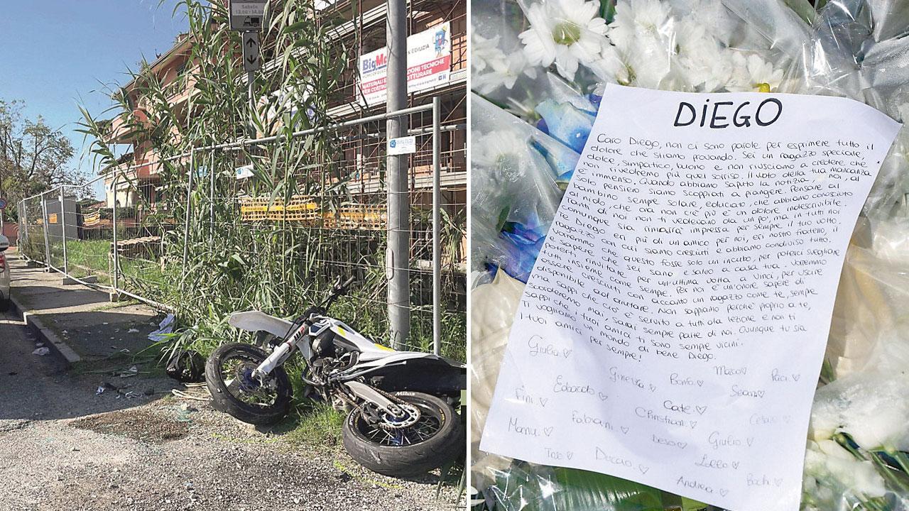 Nella foto a sinistrala moto di Diego Prosperi dopo l’incidente e, a destra, la lettera lasciata dagli amici d’infanzia del 16enne (Foto Juri Autovino)